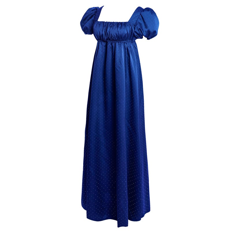 Vibsion Regency Dresses for Women Puff Sleeve Empire Waist Victorian Dress Luxurious Rhinestone Satin Party Gown Blue M - Image 3