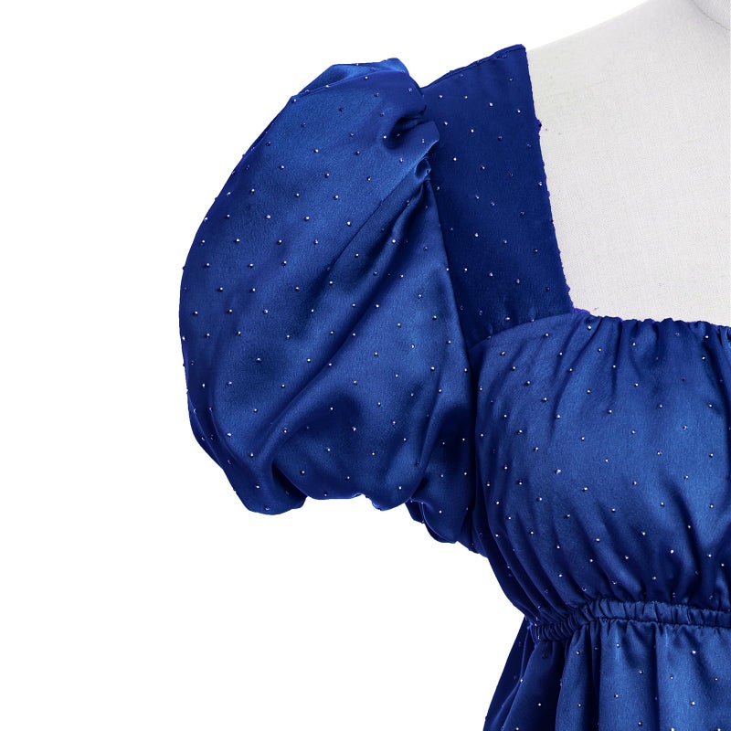 Vibsion Regency Dresses for Women Puff Sleeve Empire Waist Victorian Dress Luxurious Rhinestone Satin Party Gown Blue M - Image 5
