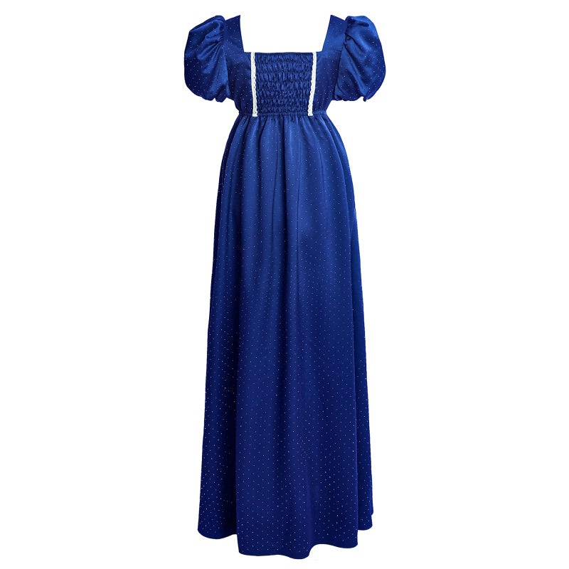 Vibsion Regency Dresses for Women Puff Sleeve Empire Waist Victorian Dress Luxurious Rhinestone Satin Party Gown Blue M - Image 4