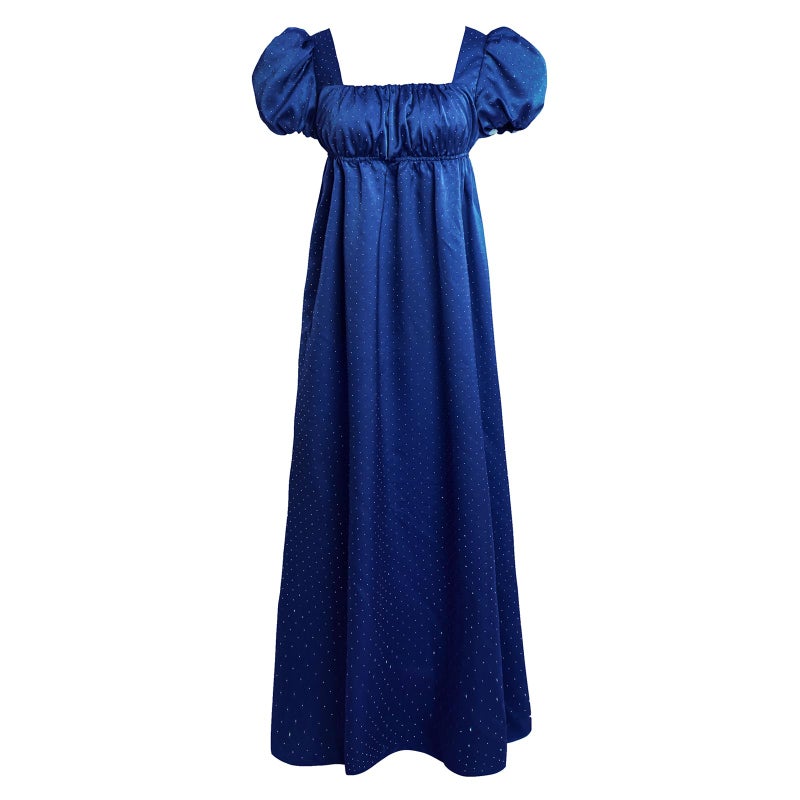 Vibsion Regency Dresses for Women Puff Sleeve Empire Waist Victorian Dress Luxurious Rhinestone Satin Party Gown Blue M - Image 1