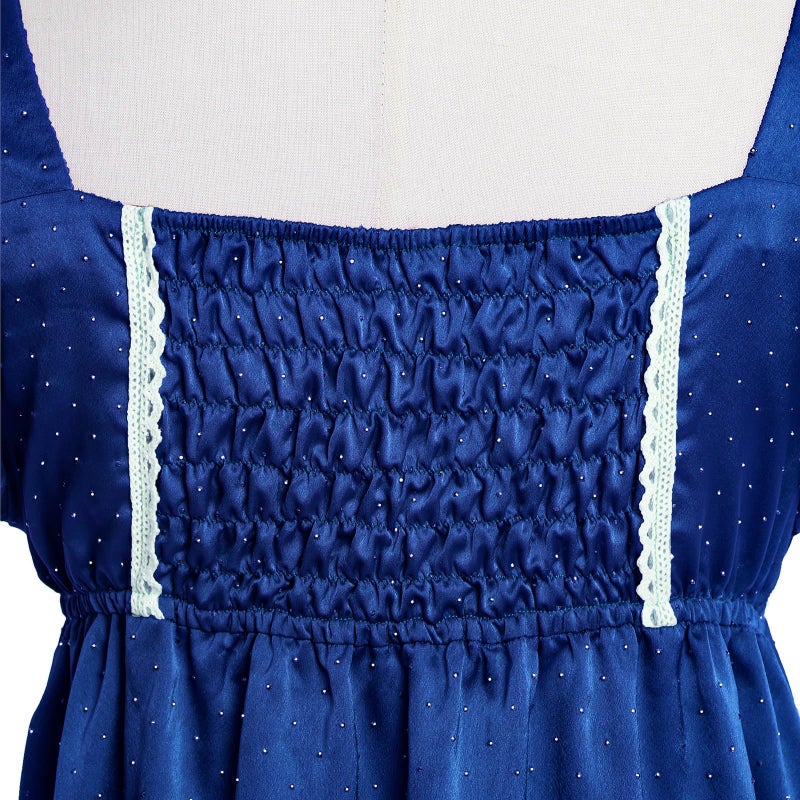 Vibsion Regency Dresses for Women Puff Sleeve Empire Waist Victorian Dress Luxurious Rhinestone Satin Party Gown Blue M - Image 2
