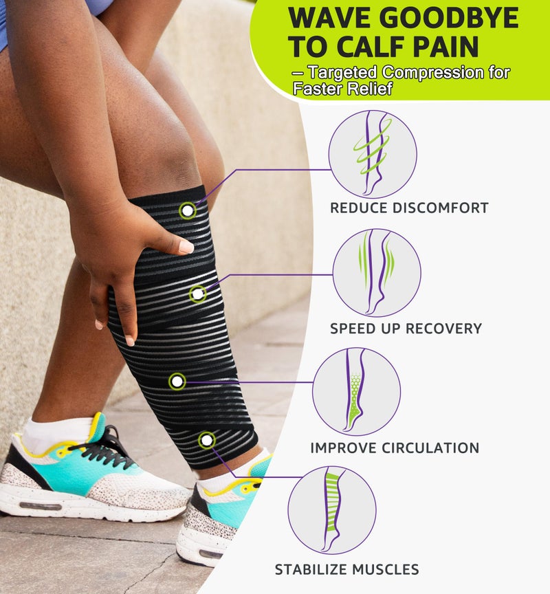 HiRui Calf Compression Wraps, 71" Adjustable Elastic Bandage Sleeves, Lower Leg Calf Support for Men & Women, Shin Splints Relief, Varicose Veins, Fitness, Running, Basketball, Soccer (1, Black) - Image 2