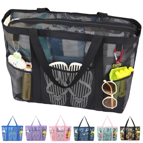 Fammart Mesh Beach Bag with Zipper for Women Large Beach Tote Sandproof Toys Pool Swim Bag Travel Vacation Cruise Essentials - Image 1