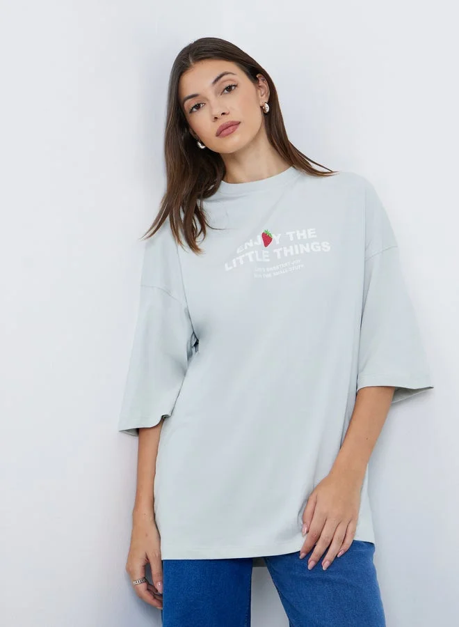 Styli Light Blue Oversized Slogan T-Shirt