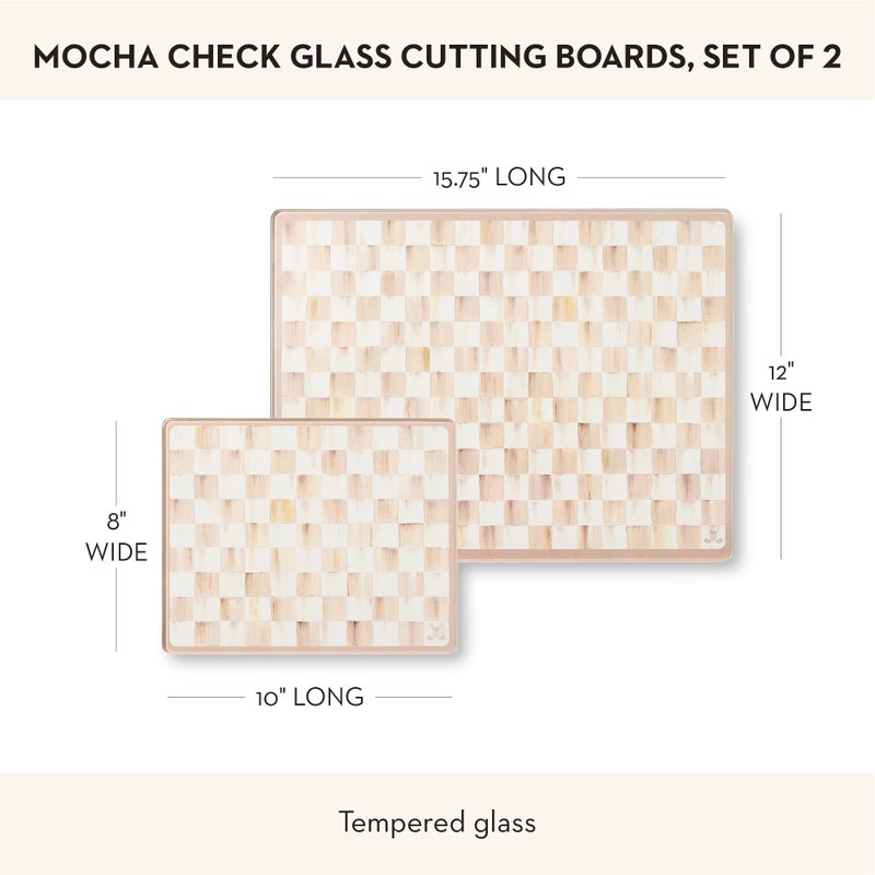 MACKENZIE-CHILDS Set of 2 Tempered Glass Cutting Boards, Countertop Cutting Boards, Brown-and-White Mocha Check