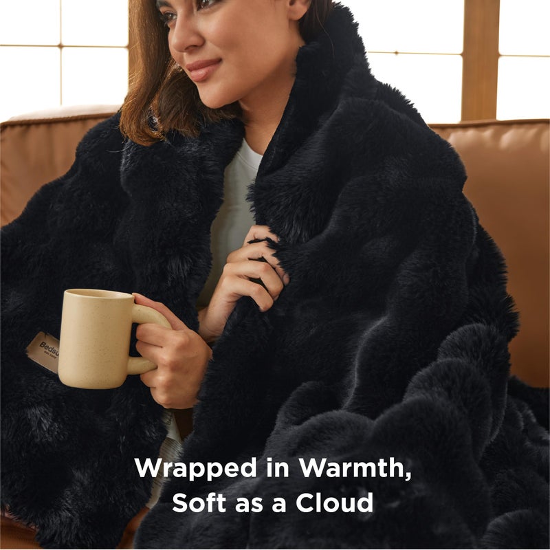 Bedsure GentleSoft Fluffy Fuzzy Black Throw Blanket for Bed, Soft Cozy Fleece Faux Fur Blanket for Couch, Black Room Decor Minky Velvet Sofa Cover, Thick Warm Plush Bedding Cozy Gifts for Women Men - Image 2