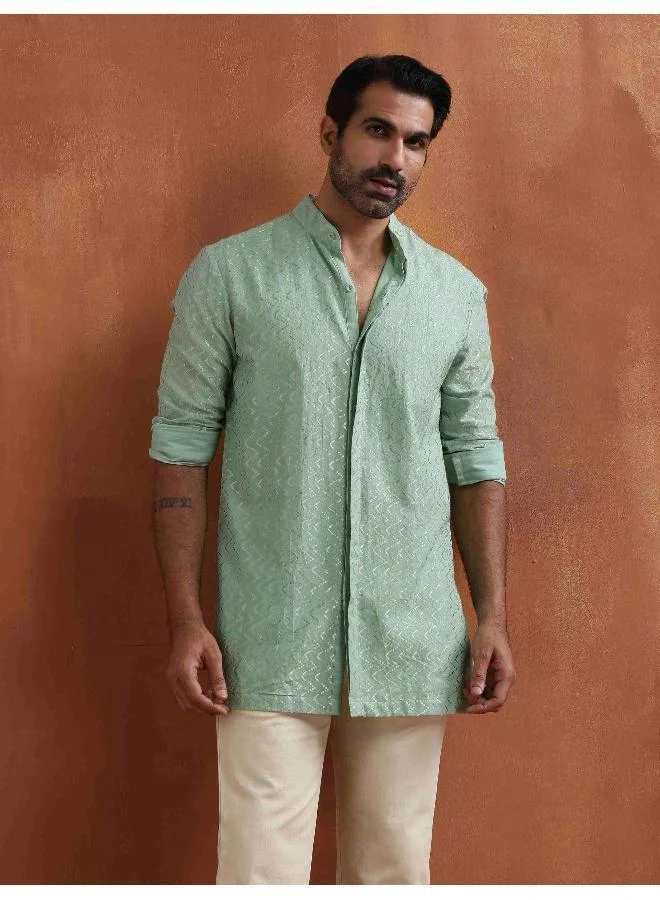 Men's Green Cotton Dobby Front Open Short Kurta
