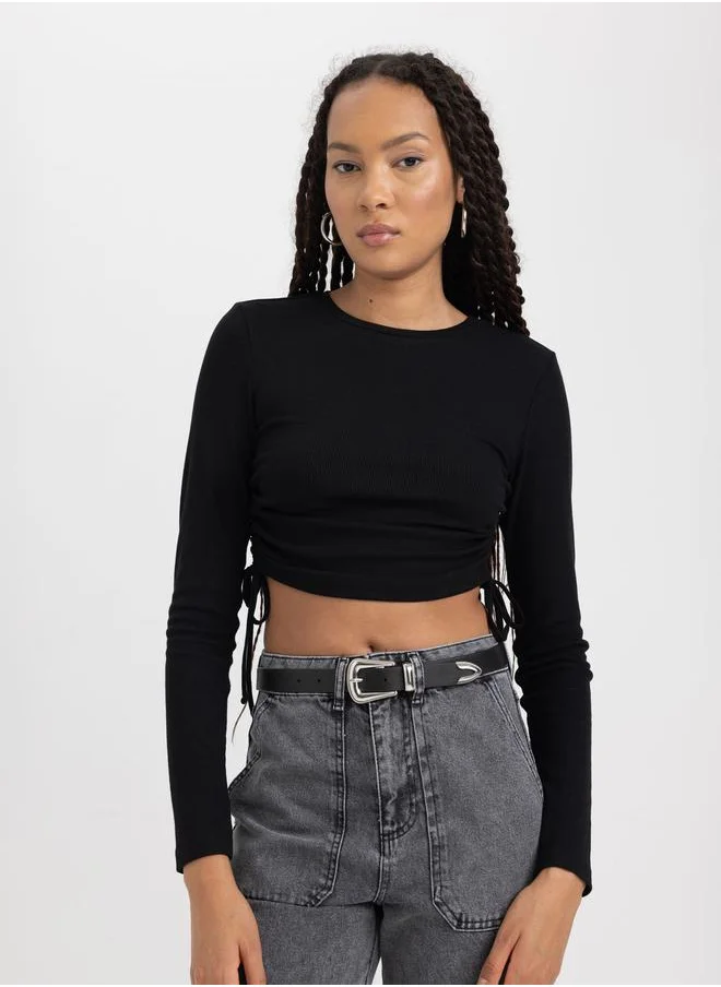 DeFacto Side Ruched Fitted Crop T-Shirt