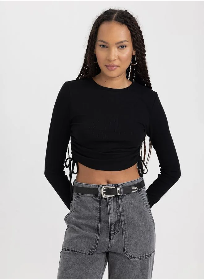 DeFacto Side Ruched Fitted Crop T-Shirt