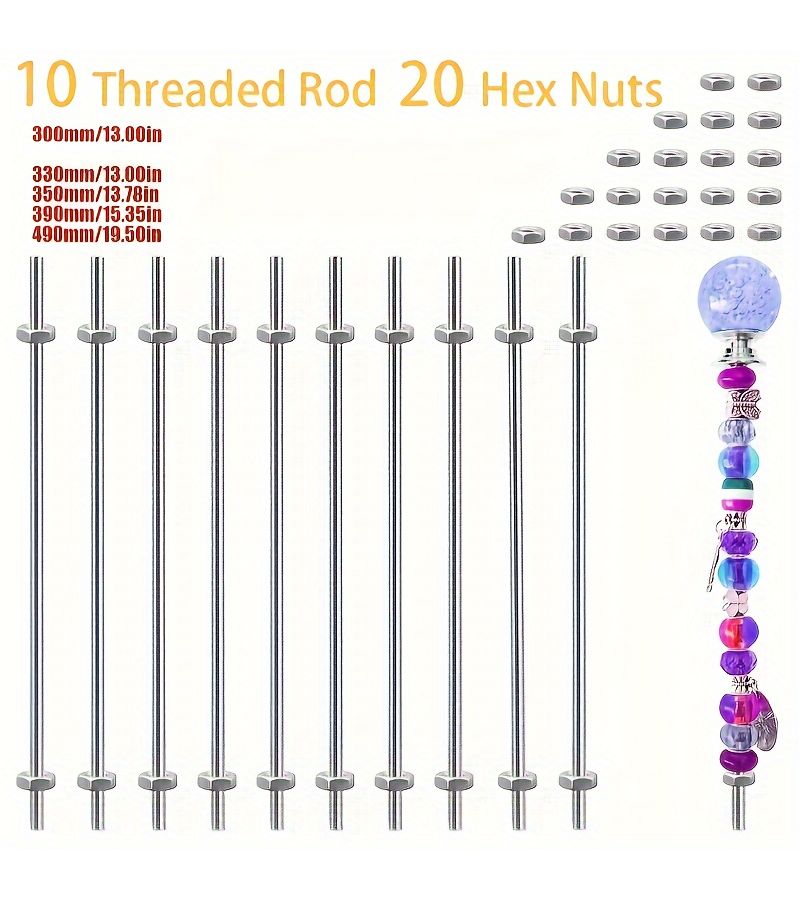 30 Pieces 304 Stainless Steel Full Thread Rods and Hex Nuts M4 Length 350mm 13.78in for Beading Garden Stakes Making Fairy Wands - Image 3