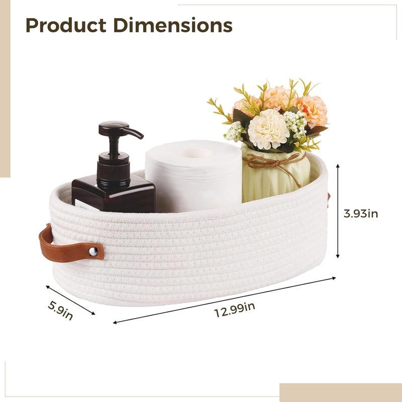 2 Oval Cotton Rope Storage Baskets With Leather Handles For Nursery, Bathroom & Home Organization - Image 5