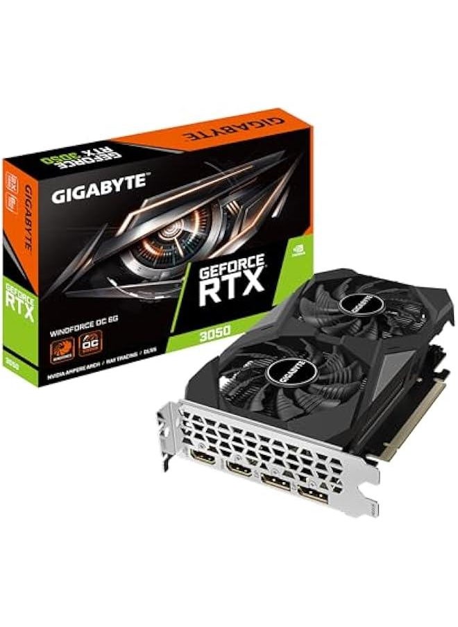 عربست بطاقة رسومات فائقة السرعة جي فورس RTX 3050 ويندفورس أو سي 6G، مروحتان ويندفورس، ذاكرة عريضة النطاق GDDR6 بت 96، 6 جيجابايت، بطاقة فيديو GV-N3050WF2OC-6GD  - Image 1