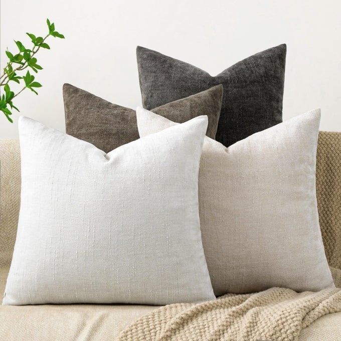 SET OF 4 SOFT TEXTURED DECORATIVE THROW PILLOW COVERS 18X18 INCH COZY FARMHOUSE CUSHION COVER SQUARE ACCENT PILLOW CASES FOR BED COUCH SOFA LIVING ROOM NEUTRAL