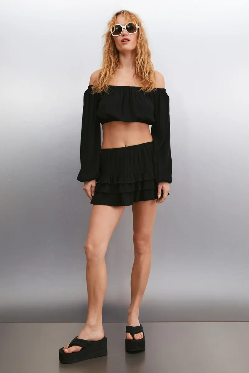 GRIMELANGE Amalara Women's 3 Layered Ruffle Black Skirt