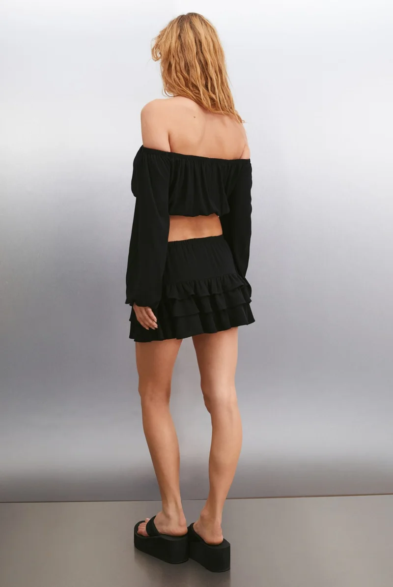 GRIMELANGE Amalara Women's 3 Layered Ruffle Black Skirt