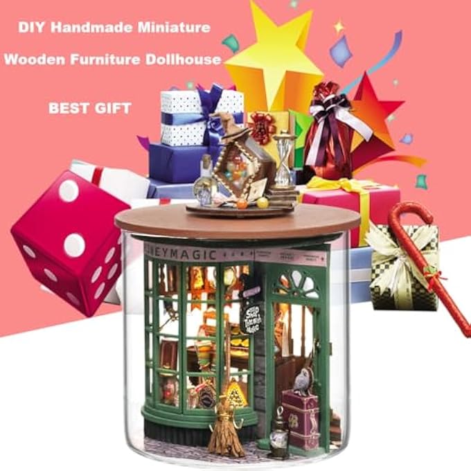 DIY MINIATURE AND FURNITURE DOLLHOUSE KIT, MINI 3D WOODEN DOLL HOUSE CRAFT MODEL WITH DUST PROOF COVER AND LED, DIY MODEL WOODEN FURNITURE FOR VALENTINE'S DAY CREATIVE GIFTS (MAGIC SHOP) - Image 4