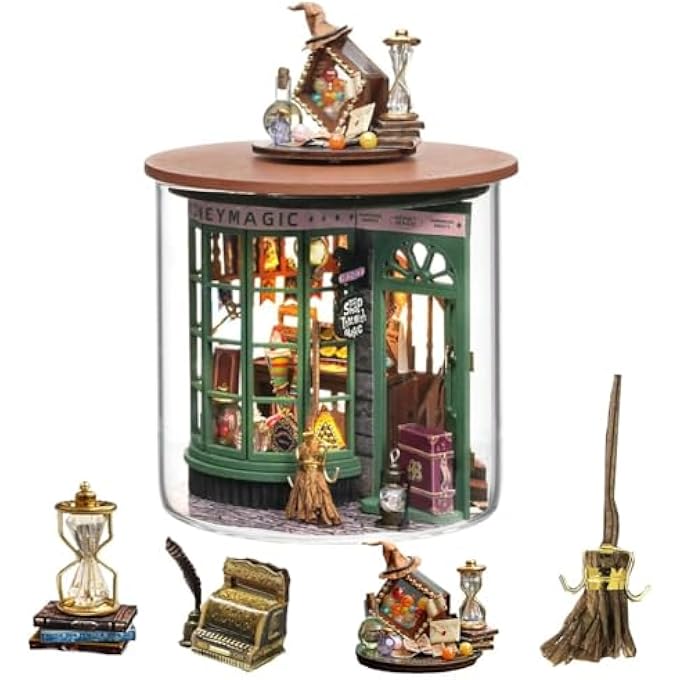 DIY MINIATURE AND FURNITURE DOLLHOUSE KIT, MINI 3D WOODEN DOLL HOUSE CRAFT MODEL WITH DUST PROOF COVER AND LED, DIY MODEL WOODEN FURNITURE FOR VALENTINE'S DAY CREATIVE GIFTS (MAGIC SHOP) - Image 1