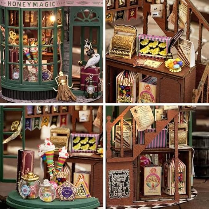 DIY MINIATURE AND FURNITURE DOLLHOUSE KIT, MINI 3D WOODEN DOLL HOUSE CRAFT MODEL WITH DUST PROOF COVER AND LED, DIY MODEL WOODEN FURNITURE FOR VALENTINE'S DAY CREATIVE GIFTS (MAGIC SHOP) - Image 3