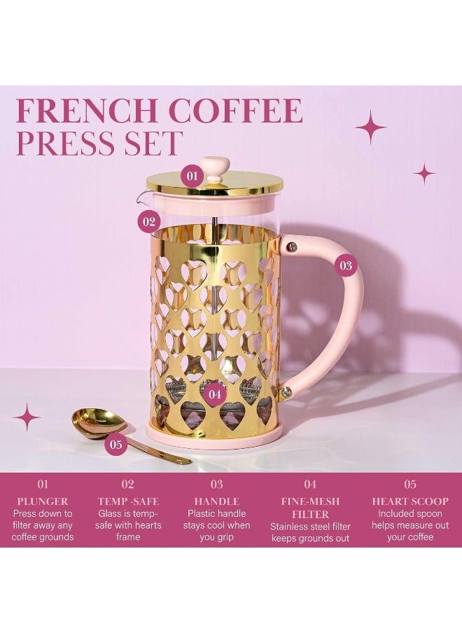 Paris Hilton French Press Coffee Maker With Heart Shaped Measuring Scoop, 2-Piece Set, 8-Cup Or 34-Ounce, Pink  - Image 1