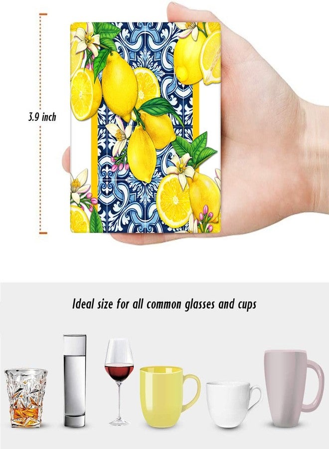 Bribay Coasters for Drinks Set of 6, Yellow Lemon Fruit Blue Ceramic Tiles Pattern Absorbent Square Ceramic Stone Mat, with Cork Base and Metal Holder, Gift for Housewarming Room Bar Decor - Image 2