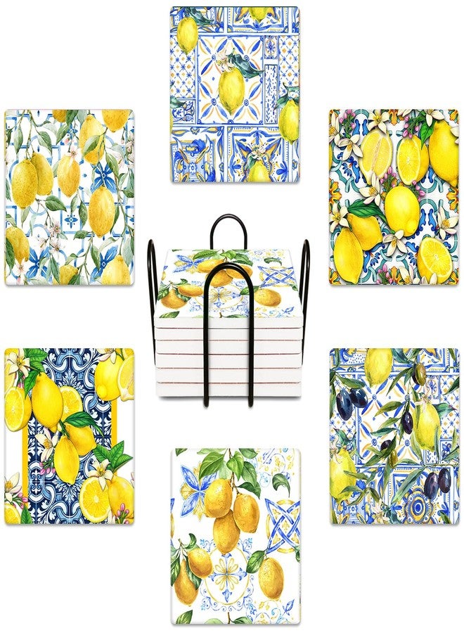 Bribay Coasters for Drinks Set of 6, Yellow Lemon Fruit Blue Ceramic Tiles Pattern Absorbent Square Ceramic Stone Mat, with Cork Base and Metal Holder, Gift for Housewarming Room Bar Decor - Image 1
