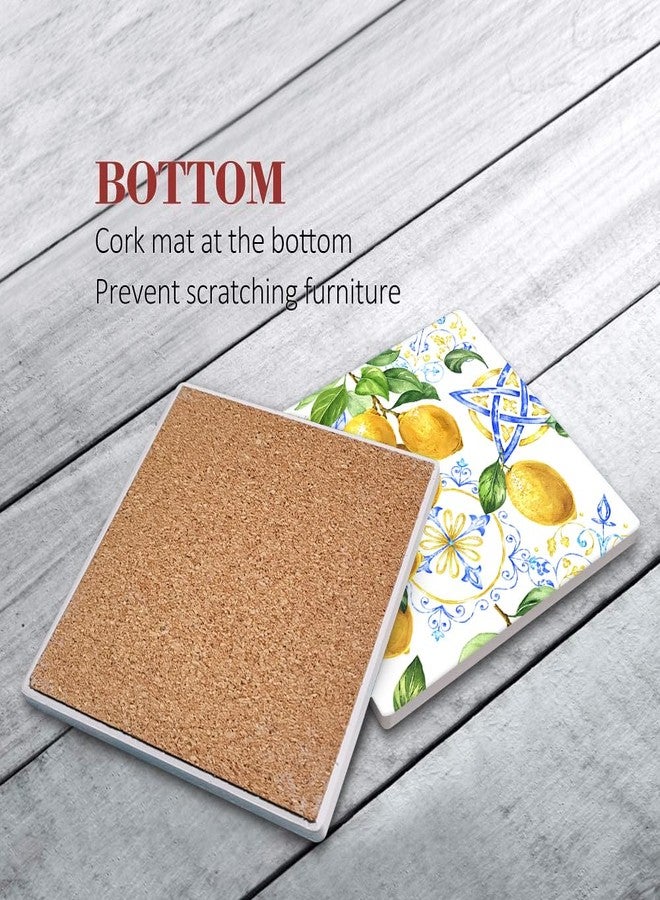 Bribay Coasters for Drinks Set of 6, Yellow Lemon Fruit Blue Ceramic Tiles Pattern Absorbent Square Ceramic Stone Mat, with Cork Base and Metal Holder, Gift for Housewarming Room Bar Decor - Image 5