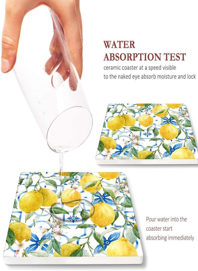 Bribay Coasters for Drinks Set of 6, Yellow Lemon Fruit Blue Ceramic Tiles Pattern Absorbent Square Ceramic Stone Mat, with Cork Base and Metal Holder, Gift for Housewarming Room Bar Decor - Image 3