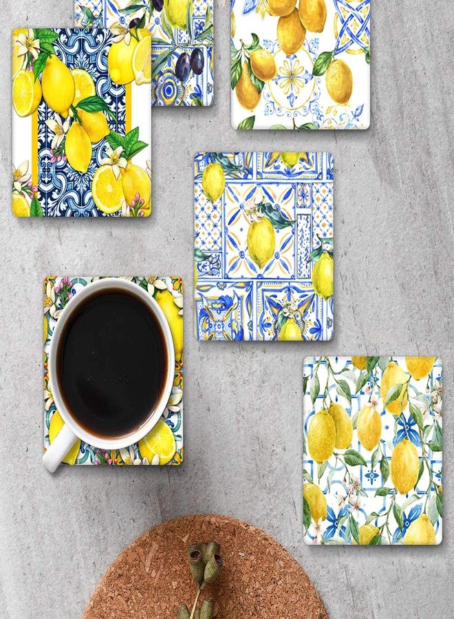 Bribay Coasters for Drinks Set of 6, Yellow Lemon Fruit Blue Ceramic Tiles Pattern Absorbent Square Ceramic Stone Mat, with Cork Base and Metal Holder, Gift for Housewarming Room Bar Decor - Image 4