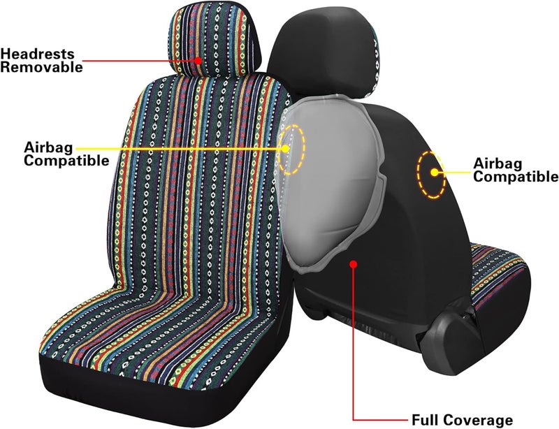 VarCozy Baja Saddle Blanket Seat Covers, Front Seat Covers for Sedan, SUV, Truck, Universal Stripe Colorful Woven Automotive Seat Cover, Breathable, Washable, Airbag Compatible - Image 2