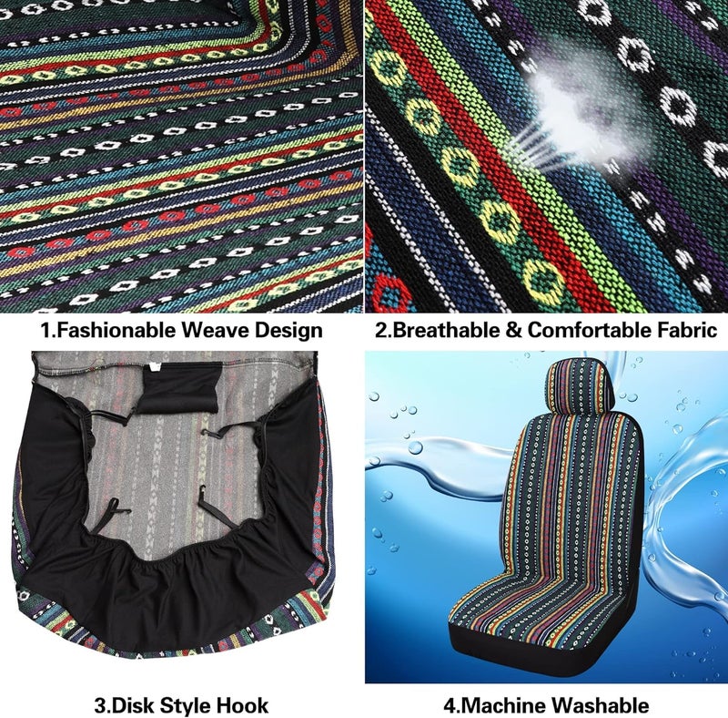 VarCozy Baja Saddle Blanket Seat Covers, Front Seat Covers for Sedan, SUV, Truck, Universal Stripe Colorful Woven Automotive Seat Cover, Breathable, Washable, Airbag Compatible - Image 4