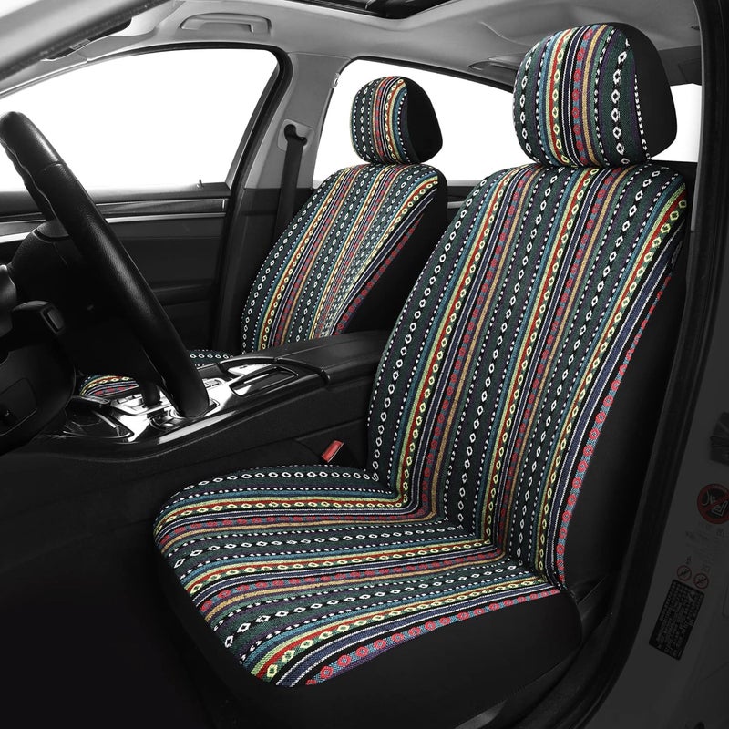 VarCozy Baja Saddle Blanket Seat Covers, Front Seat Covers for Sedan, SUV, Truck, Universal Stripe Colorful Woven Automotive Seat Cover, Breathable, Washable, Airbag Compatible - Image 1