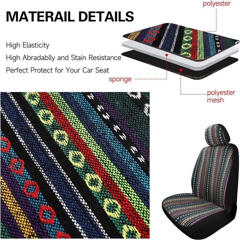 VarCozy Baja Saddle Blanket Seat Covers, Front Seat Covers for Sedan, SUV, Truck, Universal Stripe Colorful Woven Automotive Seat Cover, Breathable, Washable, Airbag Compatible - Image 3