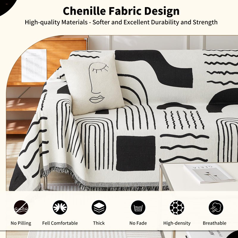 WEYOND Boho Chenille Couch Cover with Tassels, Bohemian Sofa Cover for 3 Cushion Couch, L-Shaped Sectional, Loveseat, 2/3/4 Seater (71" x 102", Black) - Image 3