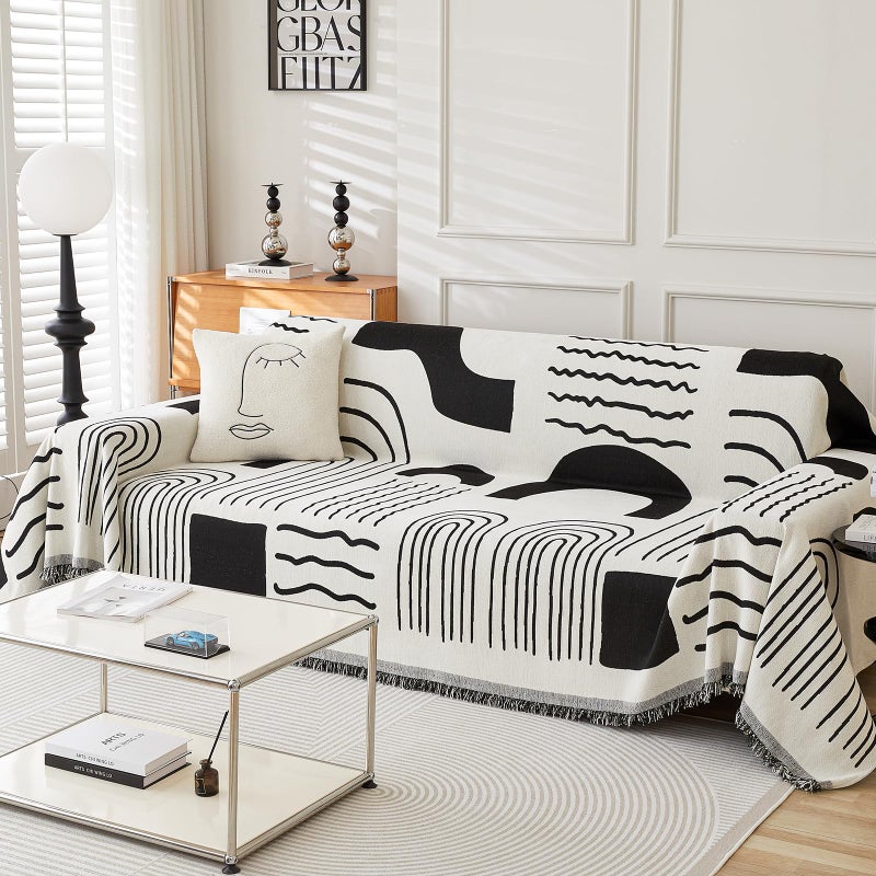 WEYOND Boho Chenille Couch Cover with Tassels, Bohemian Sofa Cover for 3 Cushion Couch, L-Shaped Sectional, Loveseat, 2/3/4 Seater (71" x 102", Black) - Image 1