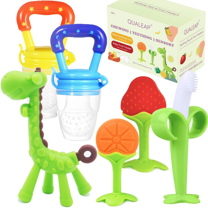 QUALEAP Medical-Grade Teething Toys for Babies 0-6 6-12 12-18 Months - Teethers with 2 × Baby Fruit Feeders and 4 × Baby Teether - BPA Free/Freezer Free - Soft Textures for Infant and Toddlers (Green) - Image 1