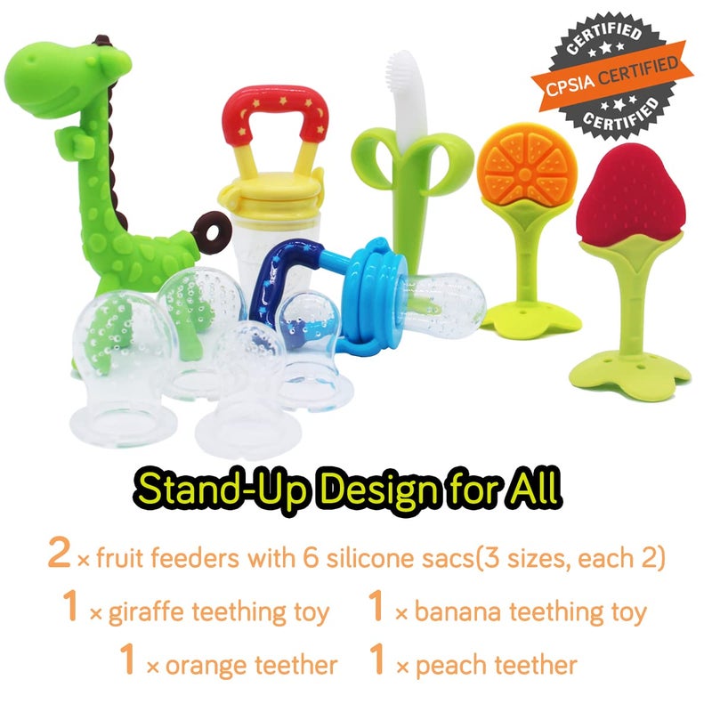 QUALEAP Medical-Grade Teething Toys for Babies 0-6 6-12 12-18 Months - Teethers with 2 × Baby Fruit Feeders and 4 × Baby Teether - BPA Free/Freezer Free - Soft Textures for Infant and Toddlers (Green) - Image 2
