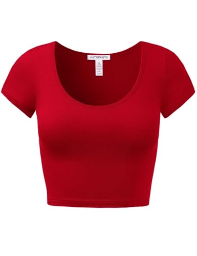 HATOPANTS Women's Cotton Crop Tops Short Sleeve Scoop Neck Stretchy Casual Shirt RED L - Image 1