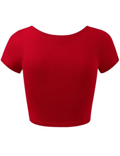 HATOPANTS Women's Cotton Crop Tops Short Sleeve Scoop Neck Stretchy Casual Shirt RED L - Image 3