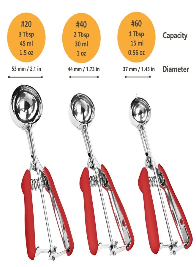 LLESCA Cookie Scoop Set, 3Pcs Ice Cream Scoop, Cookie Scoops for Baking Set of 3, 18/8 Stainless Steel Cookie Scooper for Baking, Ice Cream Scooper with Trigger Release, Red Soft Grip Cookie Dough Scoop - Image 2