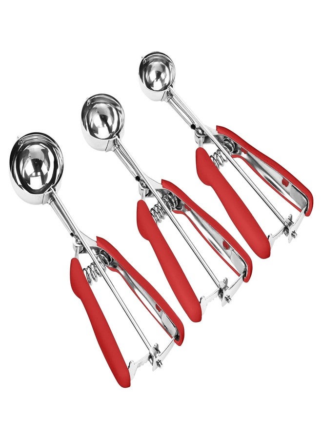 LLESCA Cookie Scoop Set, 3Pcs Ice Cream Scoop, Cookie Scoops for Baking Set of 3, 18/8 Stainless Steel Cookie Scooper for Baking, Ice Cream Scooper with Trigger Release, Red Soft Grip Cookie Dough Scoop - Image 1