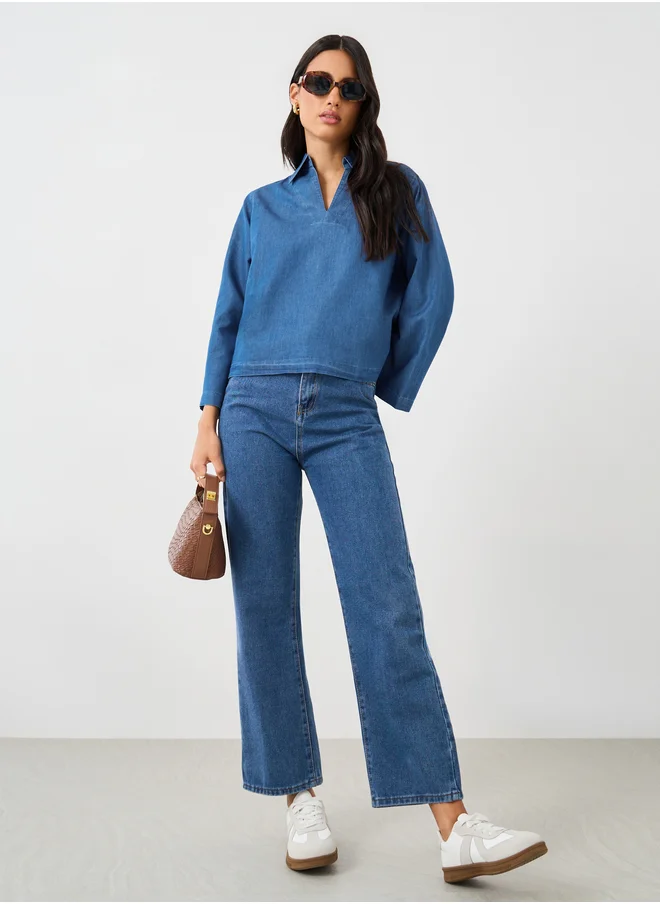 ستايلي Solid Collared Long Sleeve Boxy Denim Top