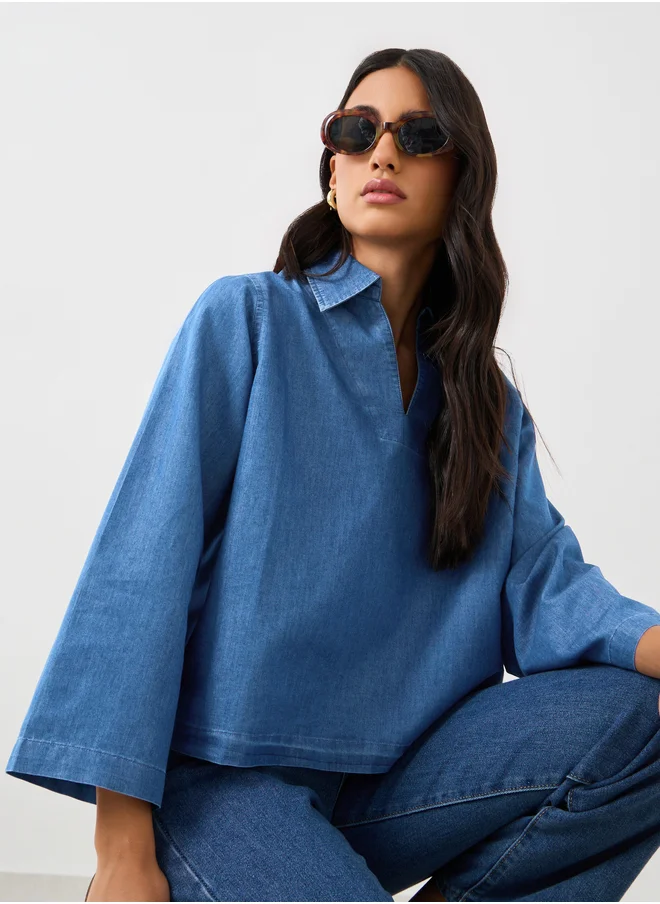 ستايلي Solid Collared Long Sleeve Boxy Denim Top