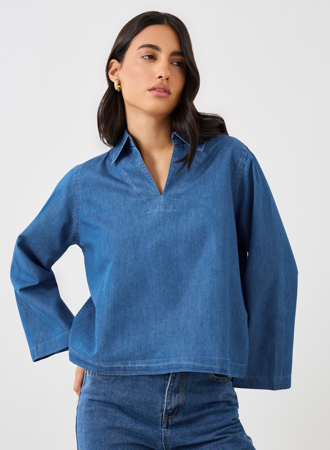 Styli Solid Collared Long Sleeve Boxy Denim Top - Image 3