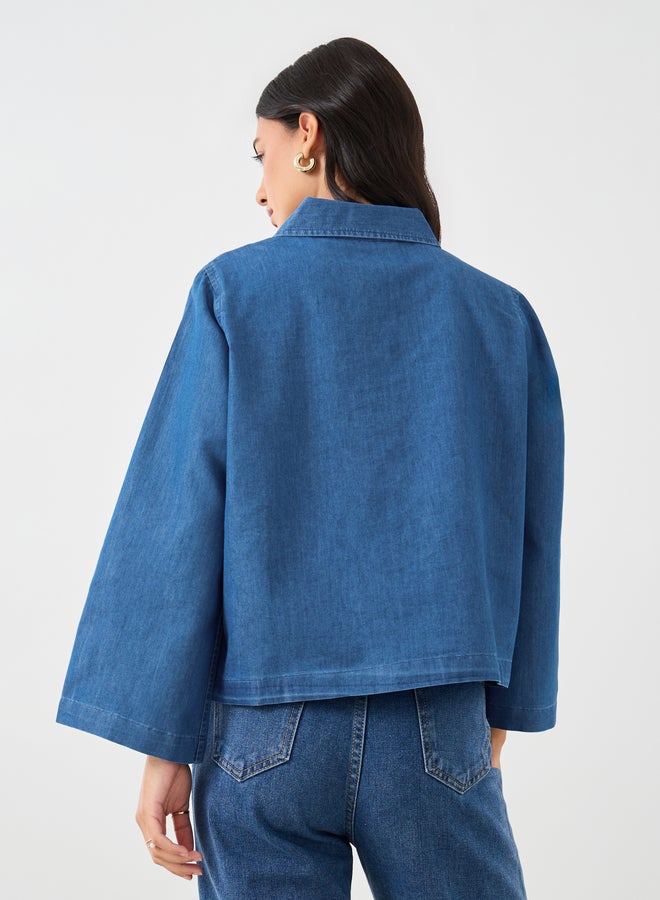 Styli Solid Collared Long Sleeve Boxy Denim Top - Image 5