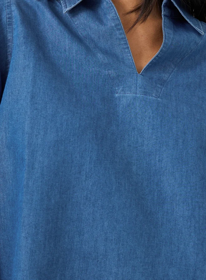 Styli Solid Collared Long Sleeve Boxy Denim Top