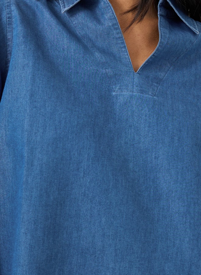 Styli Solid Collared Long Sleeve Boxy Denim Top - Image 4