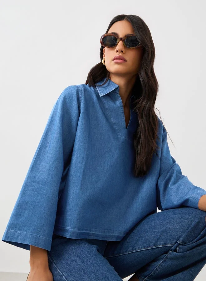 Styli Styli Solid Collared Long Sleeve Boxy Denim Top