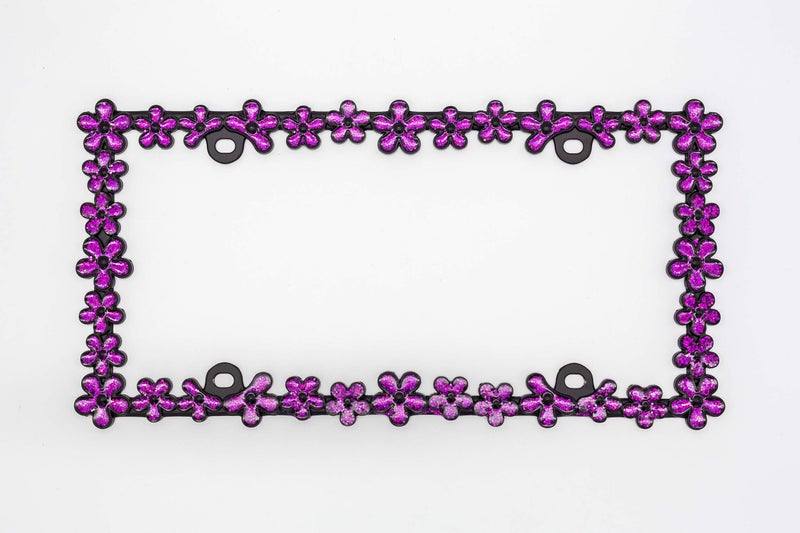 Creathome 3D Shining Daisy Wrenth License Plate Frame from Pure Zinc Alloy Metal Perfect Plate Holder,Matt Black with Purple Glitter - Image 2
