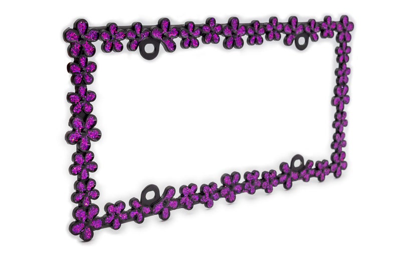 Creathome 3D Shining Daisy Wrenth License Plate Frame from Pure Zinc Alloy Metal Perfect Plate Holder,Matt Black with Purple Glitter - Image 3