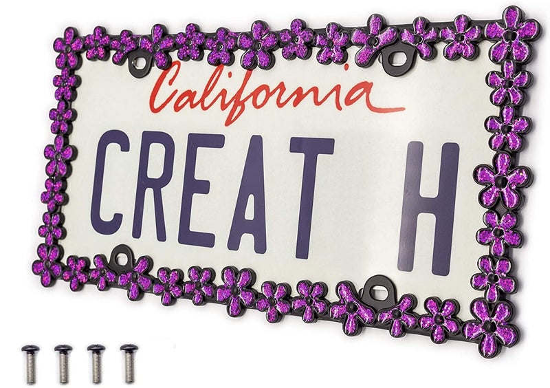 Creathome 3D Shining Daisy Wrenth License Plate Frame from Pure Zinc Alloy Metal Perfect Plate Holder,Matt Black with Purple Glitter - Image 1